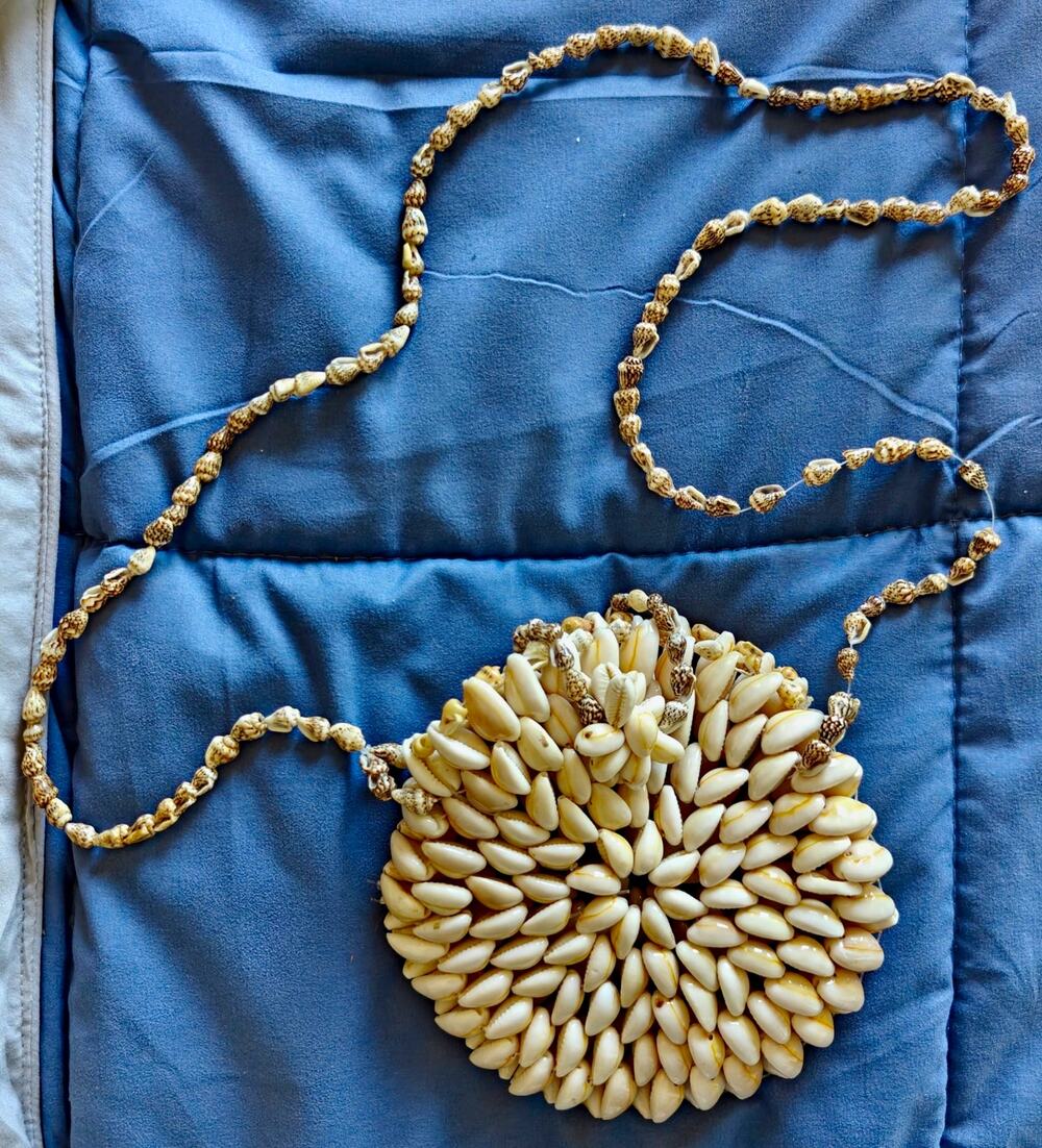 Vintage Round Shell Purse W/ Shell Rope Strap Polished Cowrie & Cone Snail Shell